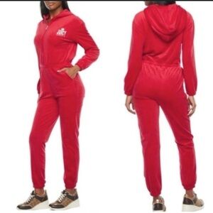 JUICY COUTURE Red Velour Jumpsuit Hooded Zip Up Leisure Stretchy Pockets Cozy M‎